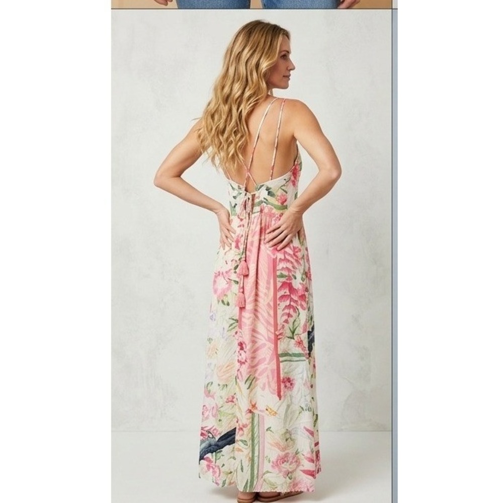Maaji Maxi Dress Womens Small Multicolor Floral Tropical Boho Bird Print Slit - Picture 2 of 6